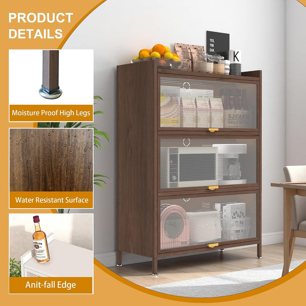 44'' Tall Metal Kitchen Storage Cabinet with 3 Flip-up Doors, Freestanding Pantry Cabinet with Adjustable Feet, 4-Tier Microwave Stand with Storage Rack for Kitchen Dining Living Room (4-Tier, Walnut)