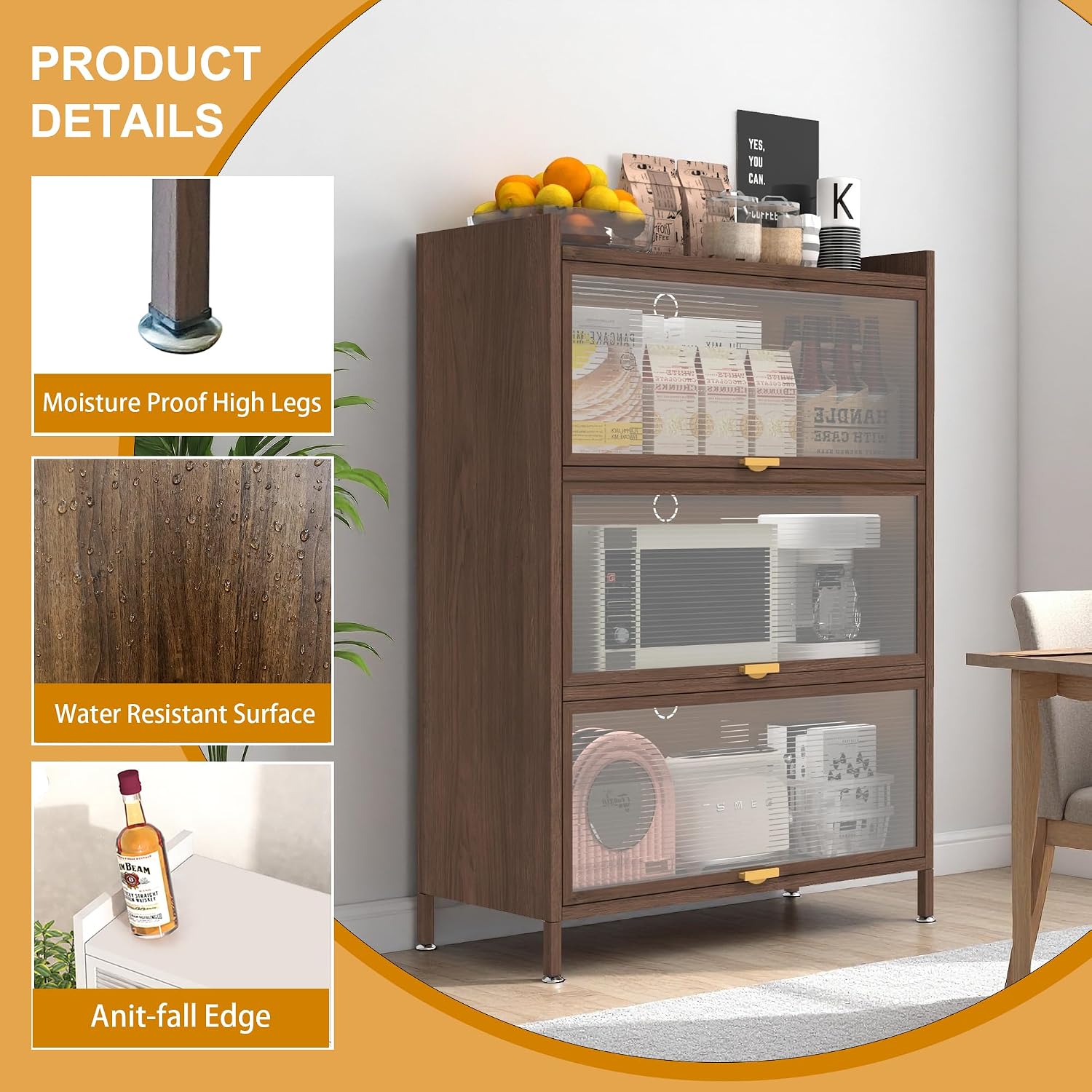 44'' Tall Metal Kitchen Storage Cabinet with 3 Flip-up Doors, Freestanding Pantry Cabinet with Adjustable Feet, 4-Tier Microwave Stand with Storage Rack for Kitchen Dining Living Room (4-Tier, Walnut)