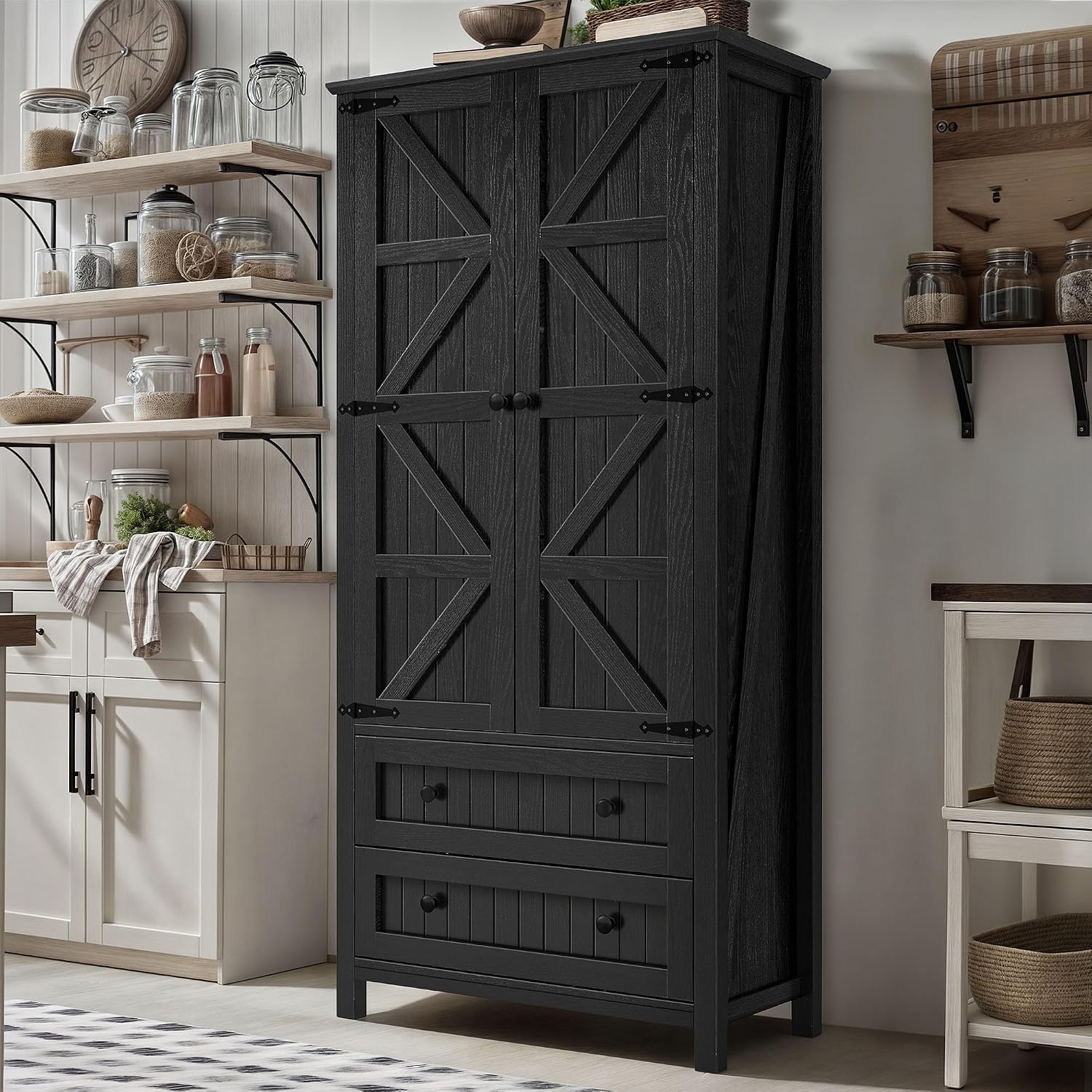 YITAHOME 64.5" Tall Kitchen Pantry Cabinet, Farmhouse Pantry Storage Cabinet with 2 Drawers & Adjustable Shelves, Ideal for Living Room, Kitchen or Hallway, Oak Black