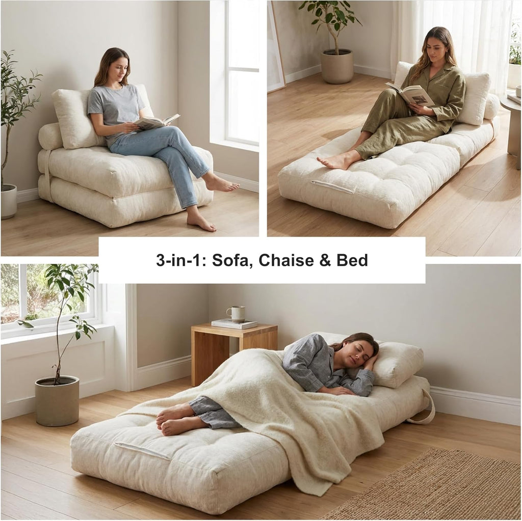 · REDEARTH · Folding Sofa Bed, 3-in-1 Boneless Convertible Floor Futon with Chaise Lounge & Sleeper Function, Shredded Foam Lounge Chair in Chenille for Living, Bedroom, Kids Room & Apartment, Ivory