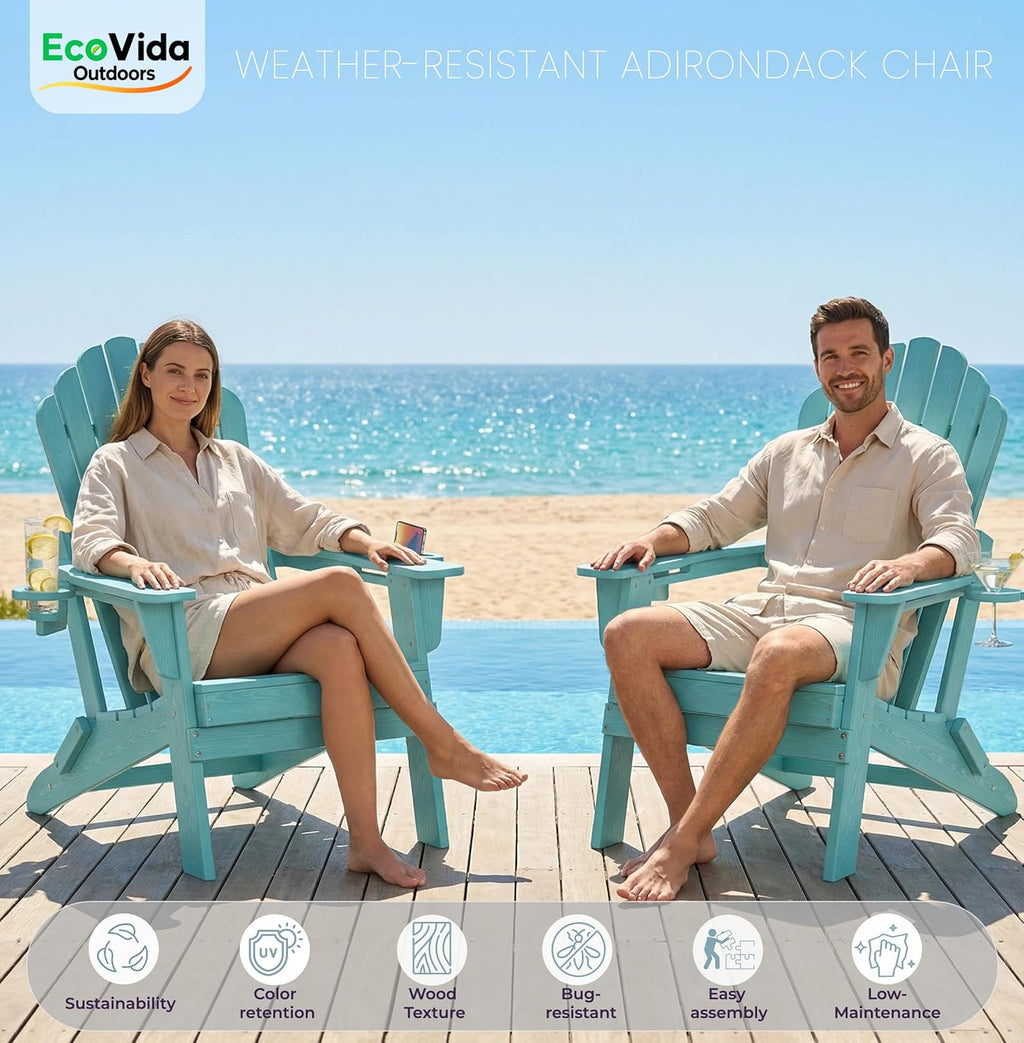 Folding Adirondack Chair with Dual Cup Holders, Ergonomic High Back HDPE Fire Pit Chair, 380lbs Capacity All-Weather Outdoor Patio Lounge Chair for Garden, Deck, Yard - Aruba Blue