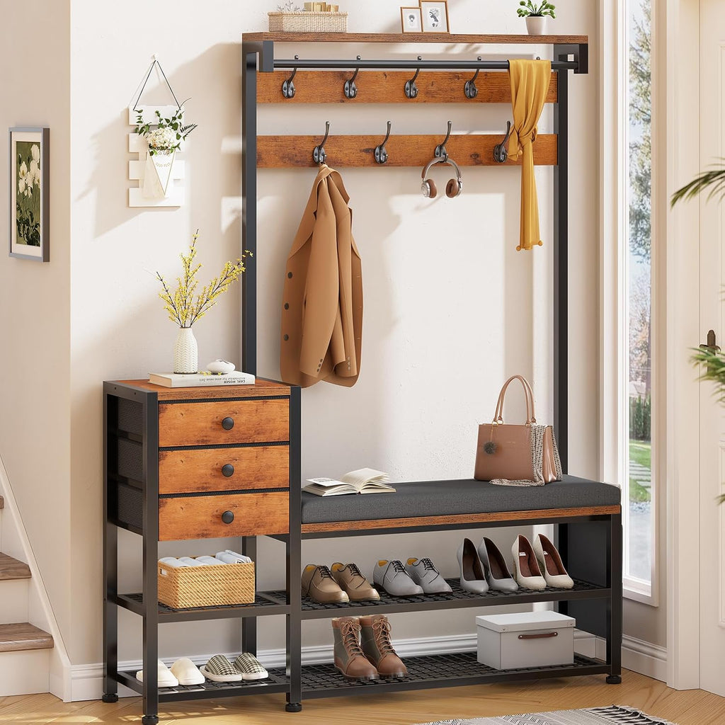 Entryway Hall Tree with Bench, Shoe Storage, Soft Cushion, 3 Fabric Drawers and Storage Bag, 7-in-1 Coat Rack for Hallway, Rustic Brown