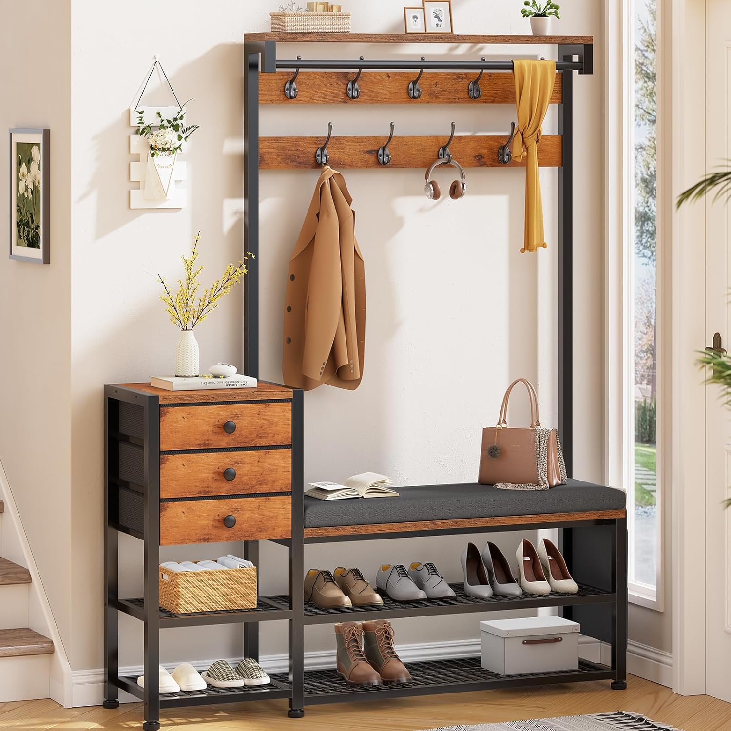 Entryway Hall Tree with Bench, Shoe Storage, Soft Cushion, 3 Fabric Drawers and Storage Bag, 7-in-1 Coat Rack for Hallway, Rustic Brown