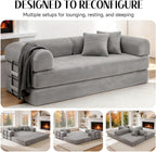 79'' Convertible Sofa Bed, Boneless Couch-in-a-Box, Corduroy Floor Futon Loveseat Sleeper, 26'' Deep Seat, Removable Machine-Wash Covers, No Assembly, 2 Pillows, Light Grey