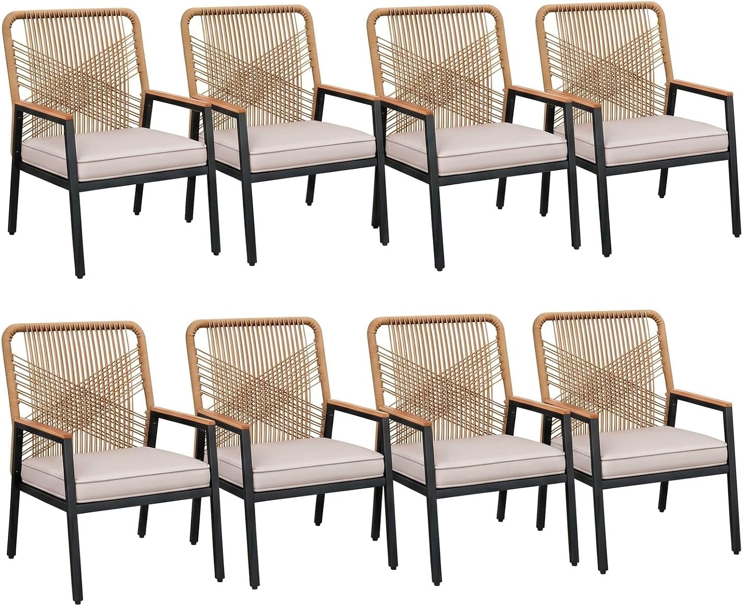 LIFERUN 8-Piece Patio Armchairs Set, Wide Outdoor Rattan Chairs (22in Seat Width) with Ergonomic Curved Backrest, 3.15in Thick Cushions, WPC Armrest, for Balcony, Backyard, Terrace, Beige