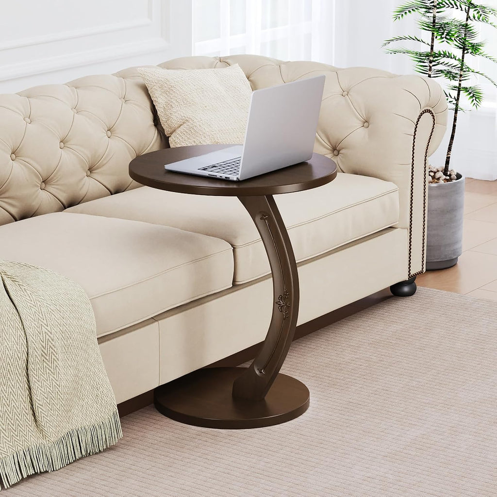 Round C-Shaped Side Table - Small C Shaped End Table for Couch/Sofa, Wood Couch Tables That Slide Under Beside, Space Saving Tables Tray for Living Room, Bedroom, Small Space (Dark Walnut)