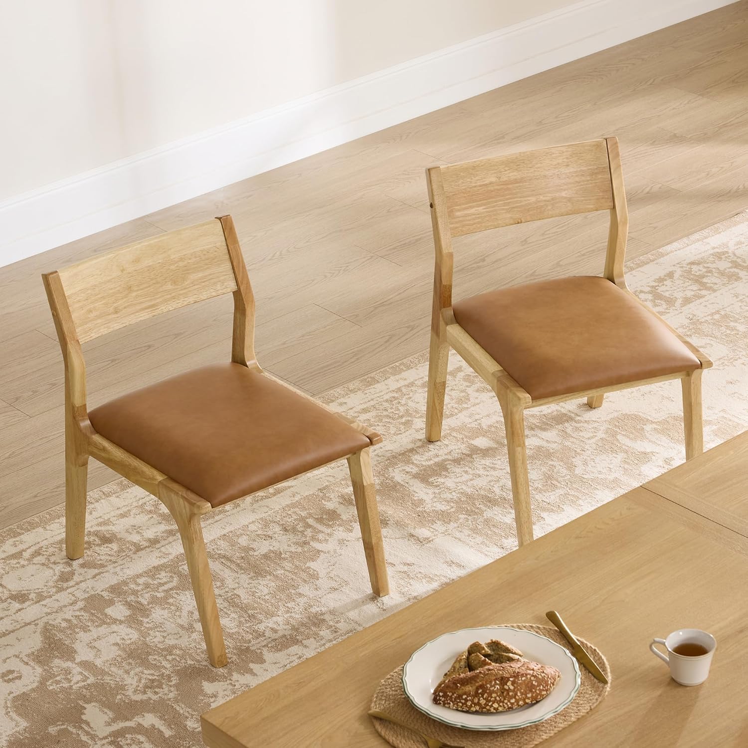 Watson & Whitely Wood Dining Chairs Set of 4, Modern Leather Upholstered Kitchen Chairs with Ergonomic Curved Backrest and Solid Wood Frame, Farmhouse Chairs for Dining Room, Living Room, Camel