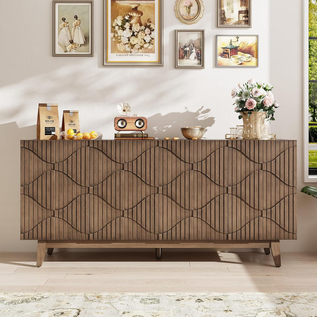 Buffet Cabinet with Storage, Distressed Storage Cabinet with 4 Carved Doors and Adjustable Shelf, Wooden Accent Sideboard Buffet Cabinets for Kitchen, Living Room, Entryway, Brown