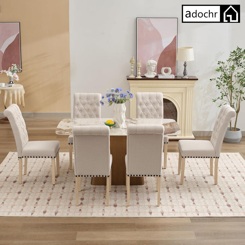 adochr Linen Fabric Dining Chairs Set of 2, Upholstered Dining Room Chair with Wooden Legs, Armless Parsons Chairs for Kitchen/Dining Room/Living Room, Beige