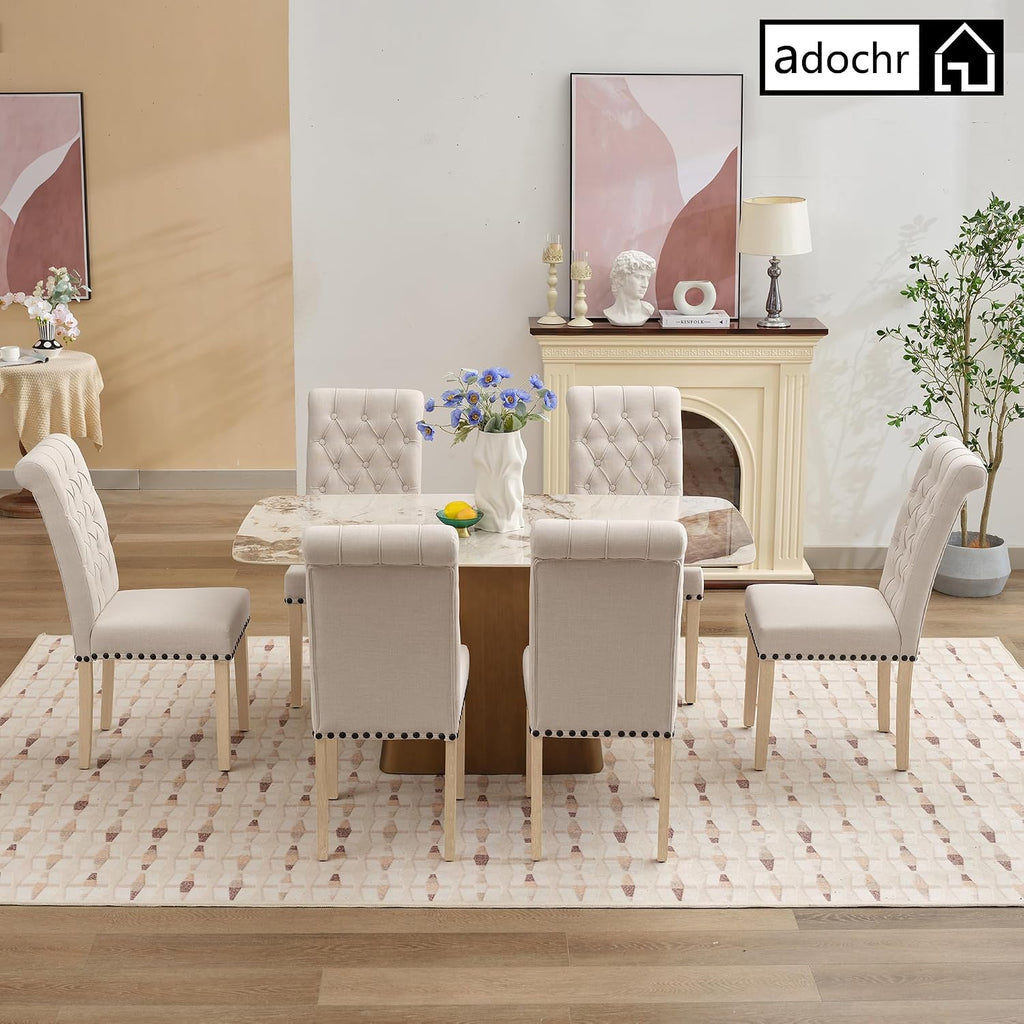 adochr Linen Fabric Dining Chairs Set of 2, Upholstered Dining Room Chair with Wooden Legs, Armless Parsons Chairs for Kitchen/Dining Room/Living Room, Beige