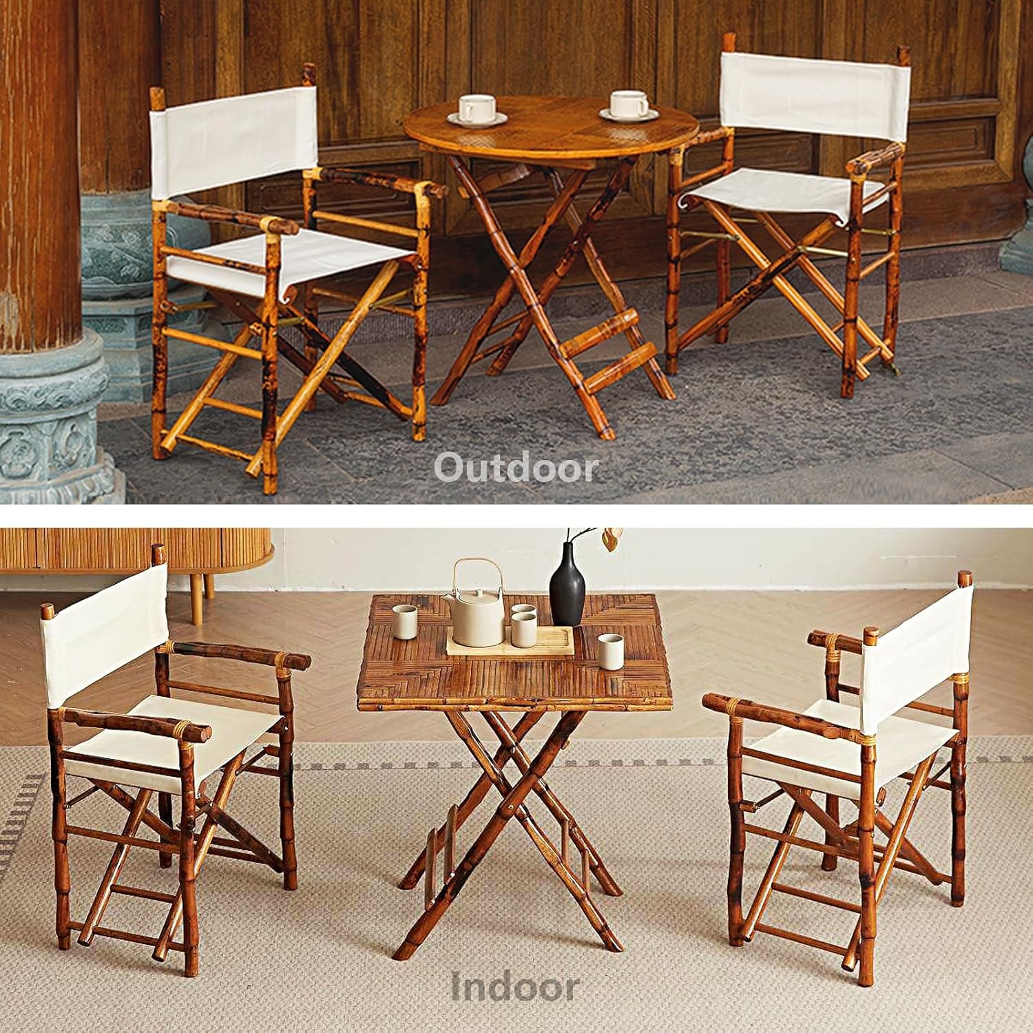 Set of 2 Bamboo Folding Directors Chairs, Detachable Portable Dining Lawn Chairs for Indoor Outdoor, Camping, Picnic, Beach & Sports Events