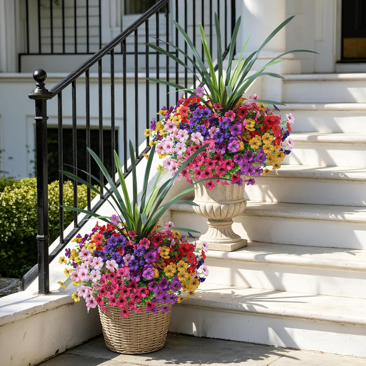 INSPRING Artificial Flowers for Outdoors, UV Resistant 12 Bundles Silk Flower Daisy with Eucalyptus + Orchid Leaf, Realistic Faux Outdoor Flowers for Porch Planter Garden Patio Boxwood (6 Multicolor)