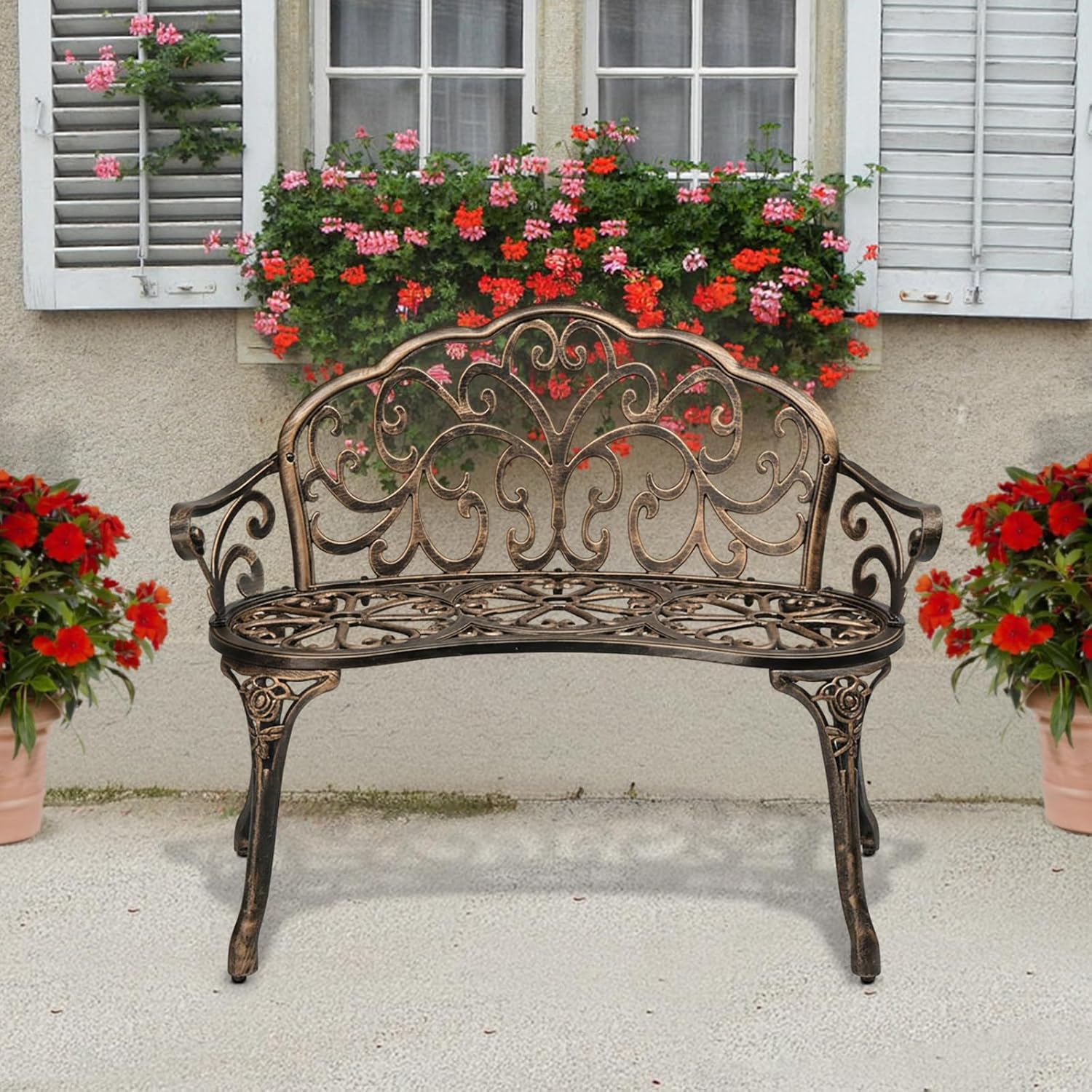VINGLI 38.5" Patio Park Garden Outdoor Metal Rose Bench, 2-Person Cast Iron Cast Aluminium Frame Antique Finish Chair,Accented Lawn Front Porch Path Yard Decor Deck Furniture (Bronze, Butterfly)