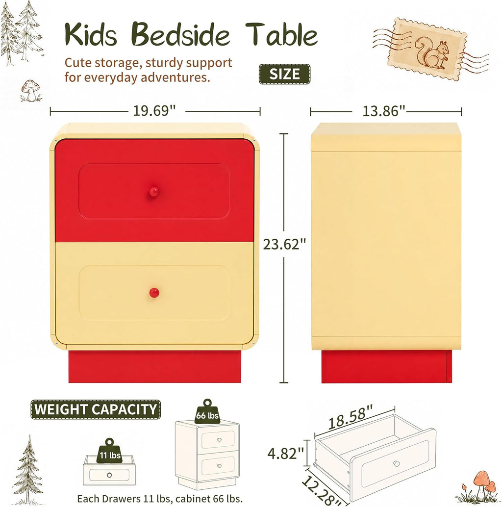 Red and Yellow Nightstand with Safe Curved Edges 2 Drawers for Kids Bedroom | ANBUY Modern Wooden Bedside Table for Toddler Room, End Table , Cute Side Table for Living Room, Nursery, Hallway
