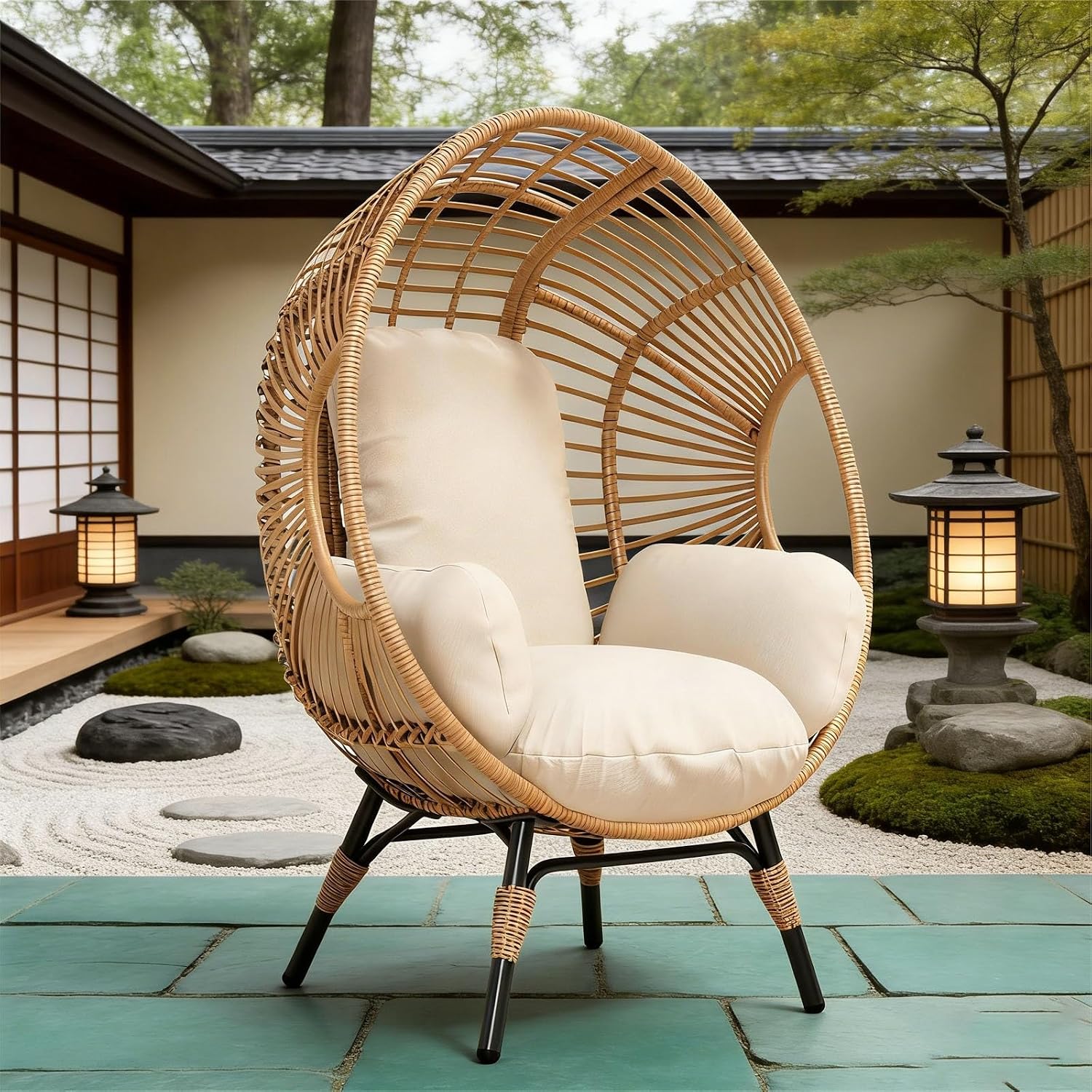 Balcony Chairs Egg Wicker Design, 400lbs Capacity, 8-Inch Soft Cushion, Indoor Outdoor Use(Natural)