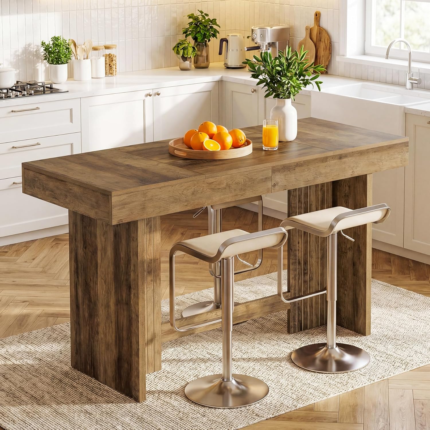 Tribesigns 55" Kitchen Island, Farmhouse Wooden Stationary Island Table with Large Worktop & Leg Room, Coffee Bar Table for Meal Prep, Dining, Entertaining, Natural Brown