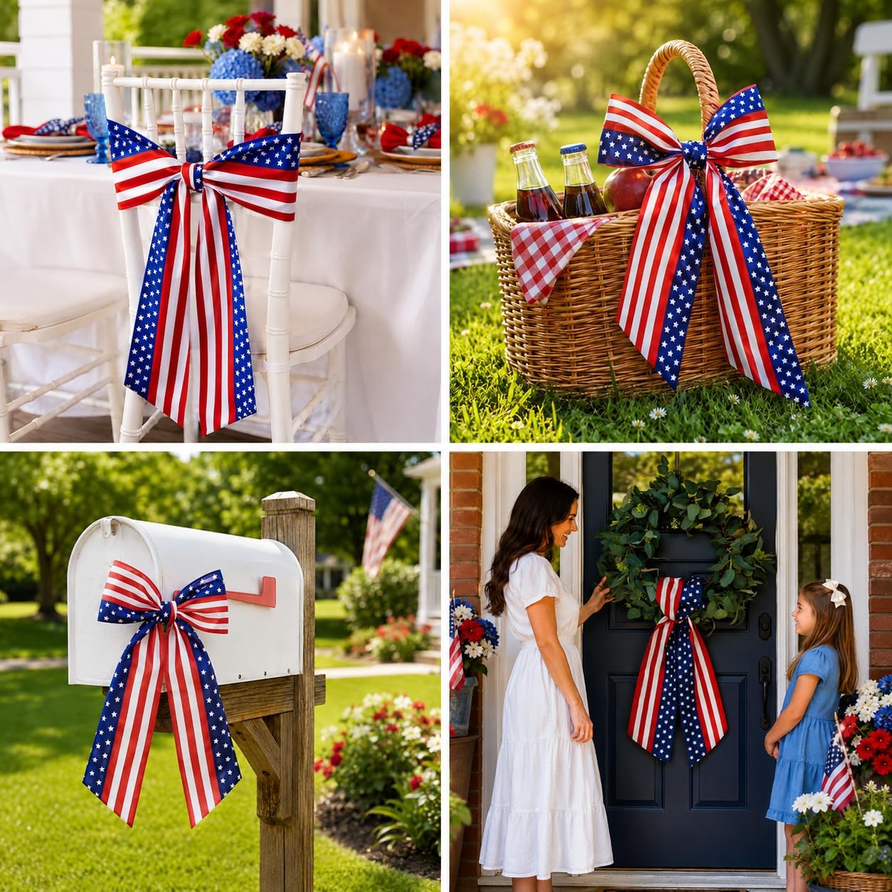 Patriotic Wreath Sash for Front Door, 4.5 x 56 Inch Red White and Blue Stripe Patriotic Wreath Satin Sash for 4th of July Memorial Day Independence Day Porch Decor