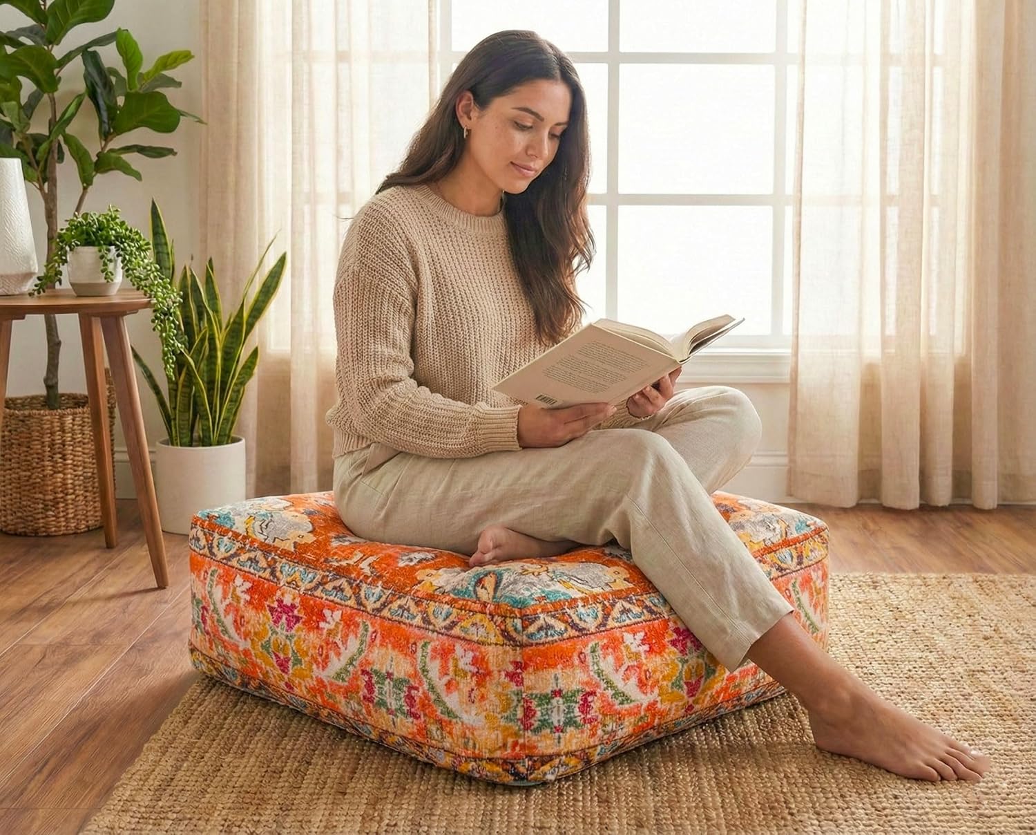 Mandala Life ART Large Yoga Décor Bean Bag Cover Orange Boho Chic Orange Decorative Floor Cushion Moroccan Seating Area Perfect for Living Room, Bedroom, Nursary or Children Room Unstuffed