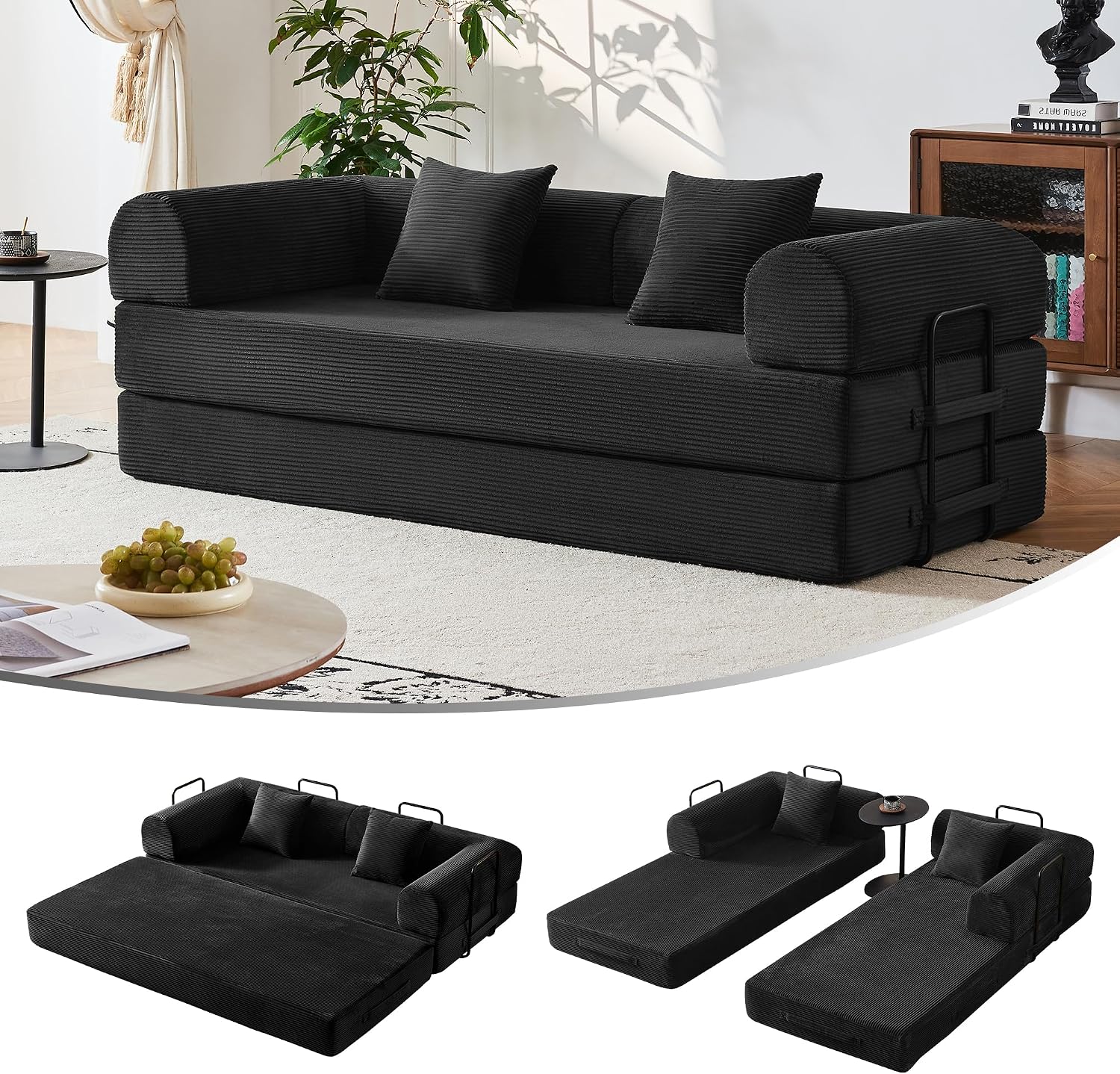 79" 5-in-1 Convertible Sofa Bed No Assembly, Boneless Couch Bed with High Density Foam, Foldable Sleeper Sofa, Corduroy Modular Couch for Apartment, Studio, Dorm Room, Small Space, Black