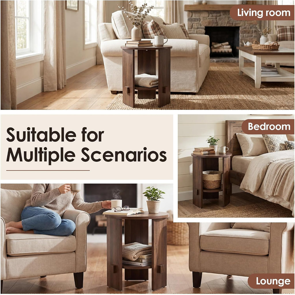 chairus Round Side Table, 15.5" Small End Table with 2-Tier Open Storage, Modern Nightstand for Living Room Bedroom, Compact Accent Furniture for Small Spaces, Walnut