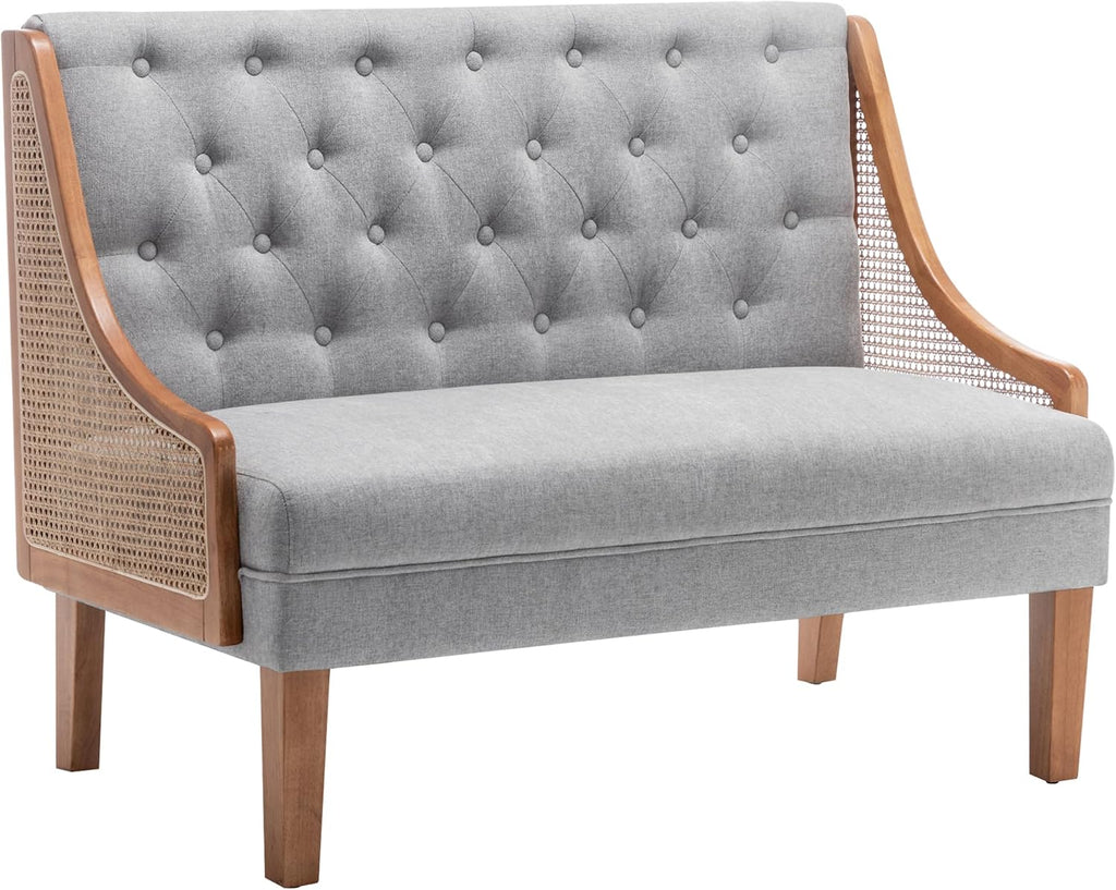 Upholstered Settee Bench Small Loveseat Sofa Rattan Dining Bench with Back Banquette Seating for Kitchen Dining Room Living Room Button Tufted Mini Couch Grey