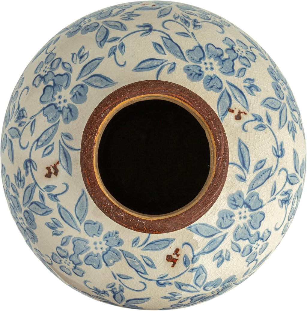 Creative Co-Op DF2720 8" H Terracotta Floral Transferware Pattern & Crackle Finish Vase, Blue