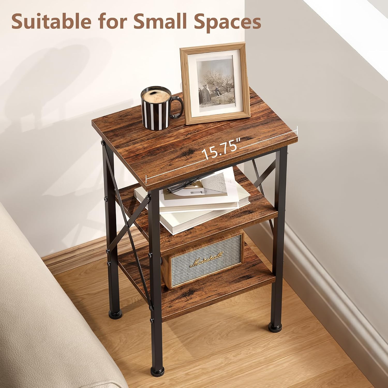 VECELO End Table, 24" Tall Wood Living Room X-Design Reinforced Side Tables, Nightstands with 3-Tier Wood Storage Shelves for Small Spaces, Office, Bathroom, Bedroom, Retro Brown, 2 Pack