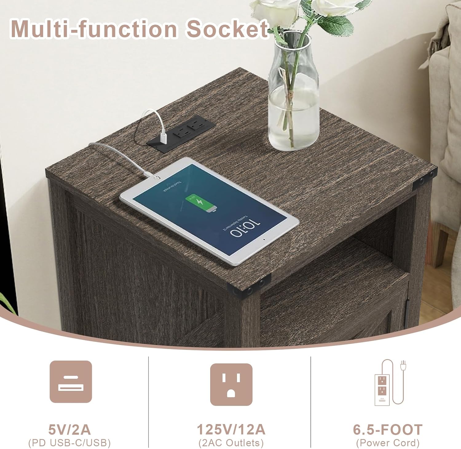 MUUEGM 24" Nightstand with Charging Station, End Table, Side Table with Door for Bedroom, Living Room, Modern Farmhouse Design, Dark Grey Bedside Table with Door Set of 2