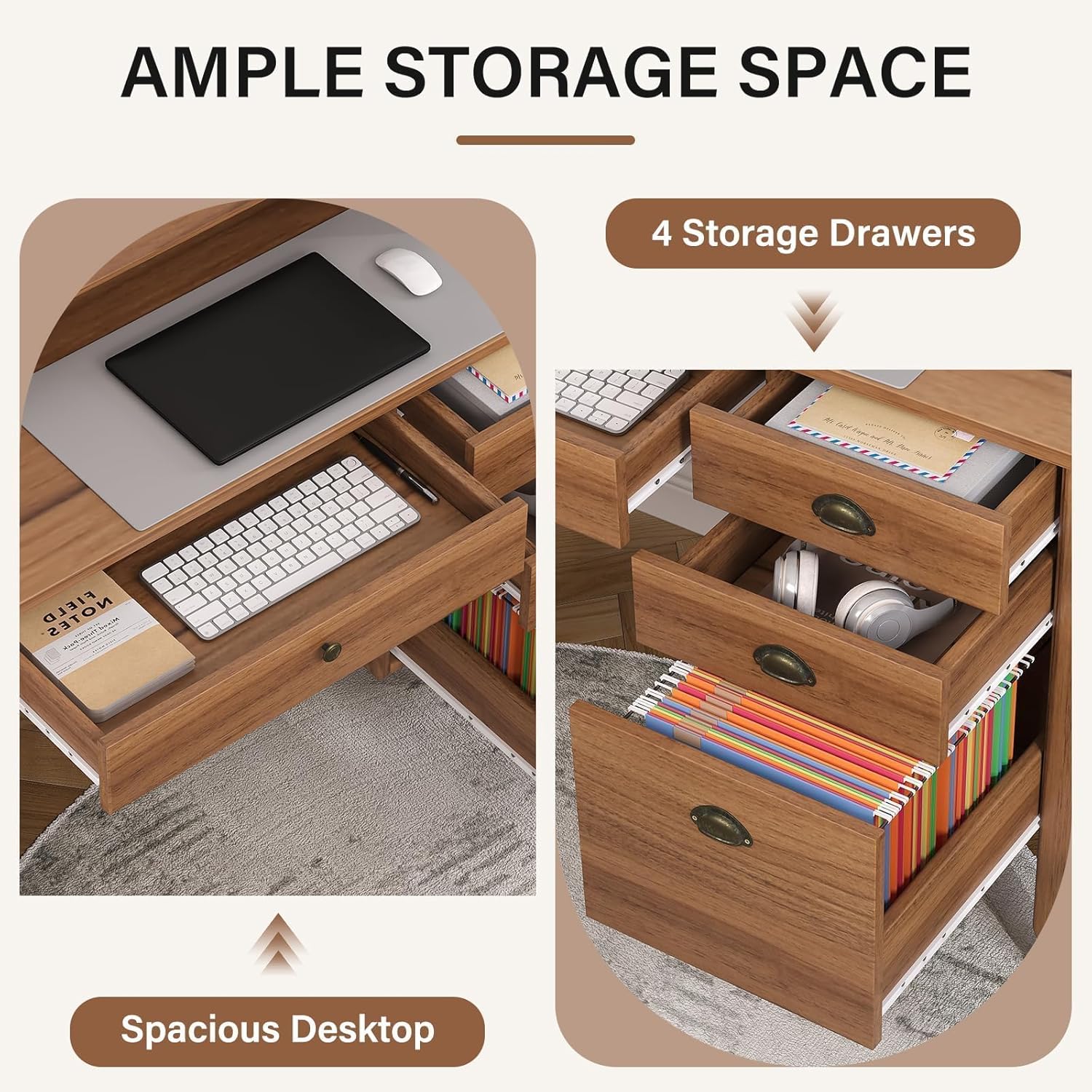 4 EVER WINNER Desk with Drawers, 47'' Small Desk with Monitor Stand and File Drawer, Computer Desk with Storage for Bedroom, Living Room, Small Spaces, Walnut