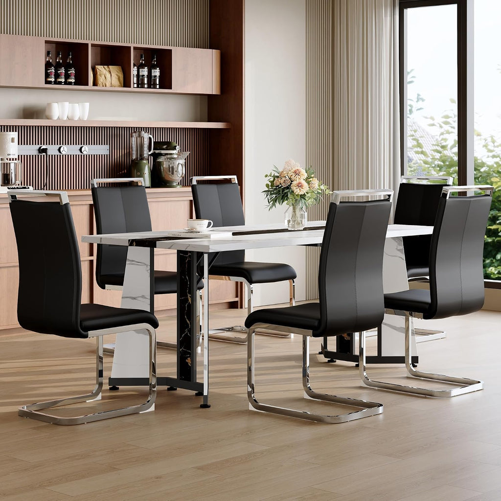 Dining Table Set for 6,White Marble 71'' Dining Room Table with Spacious legroom and Black Leather Dining Chairs,Easy Assembley,7 Pieces Kitchen Table and Chairs for Dining Room,Restaurant