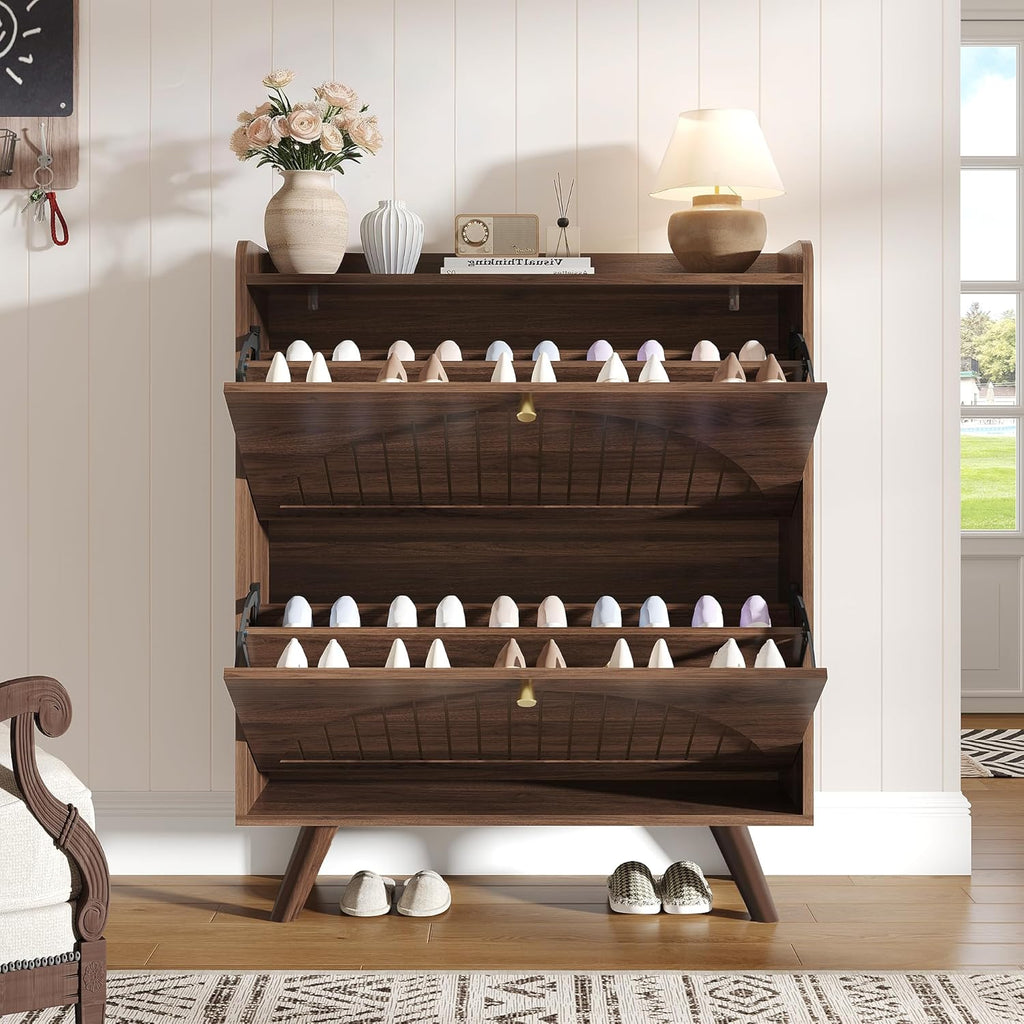 Decofy 37.6” Shoe Cabinet with 2 flip-Down Drawers, Three Adjustable Levels, Suitable for entryway, Hallway, and Living Room (Walnut)