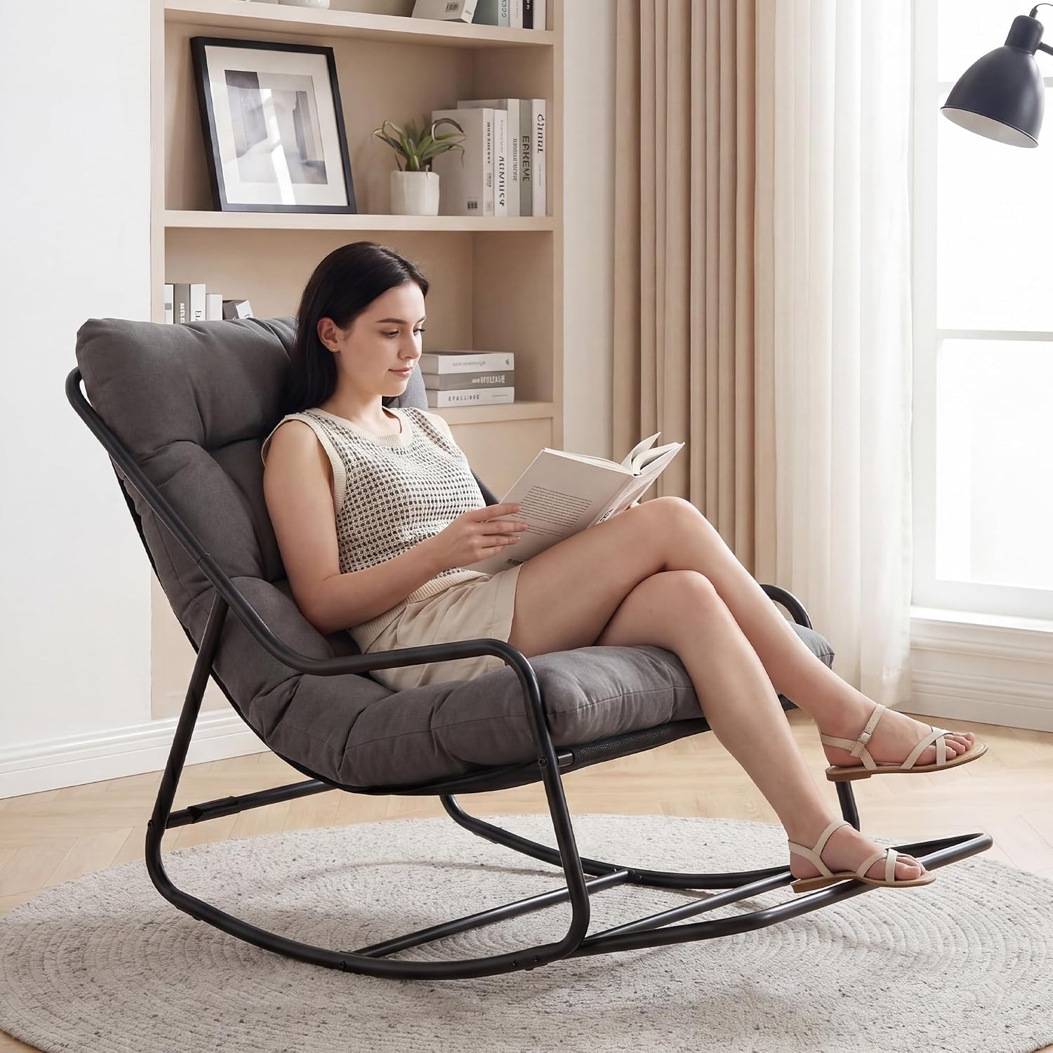Outdoor Rocking Chair with Footrest, Adjustable Papasan Rocker Indoor Outdoor Lounge Chair, Waterproof Comfy Cushion, 300lbs Capacity, for Patio, Porch, Garden, Living Room, Gray