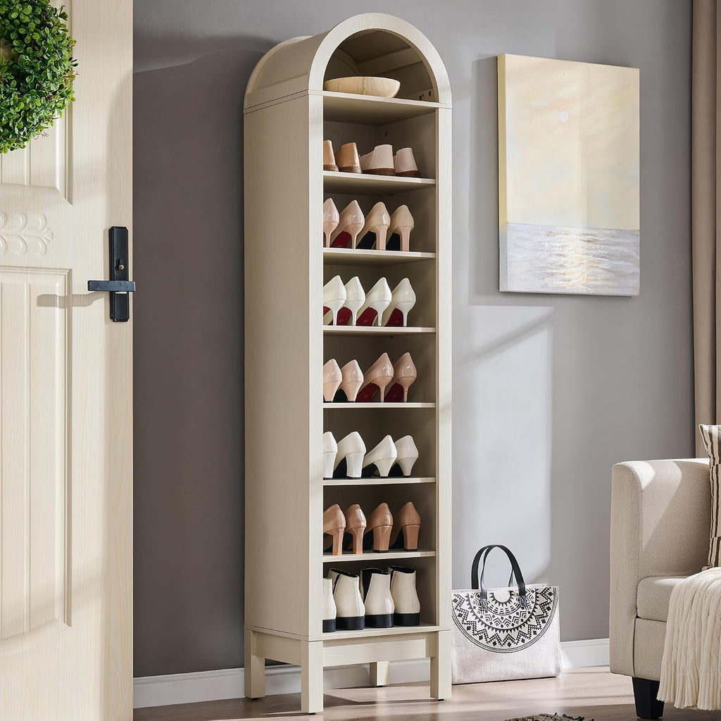 IFGET 71" Tall Arched Shoe Storage Cabinet, 8 Tiers 16 Pairs Wooden Shoe Rack with 3 Adjustable Shelves, Freestanding Shoe Closet Shelf Organizer for Entryway, Hallway, Living Room (Cream)