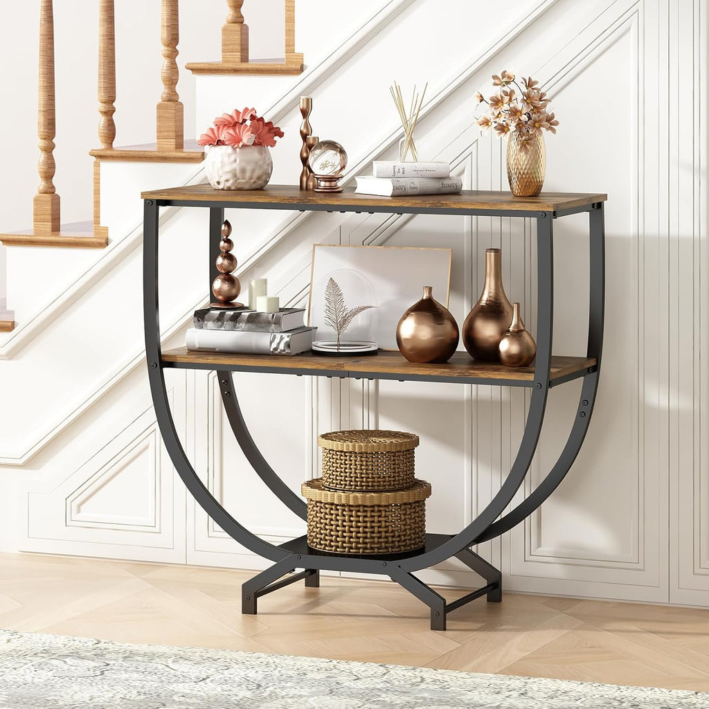 GILLAS 3 Tier Console Tables, 30" Height Entryway Table, Sofa Table Behind Couch, Industrial Entryway Furniture TV Stand with Storage for Living Room, Easy No-Extra-Tools Assembly, Rustic Brown