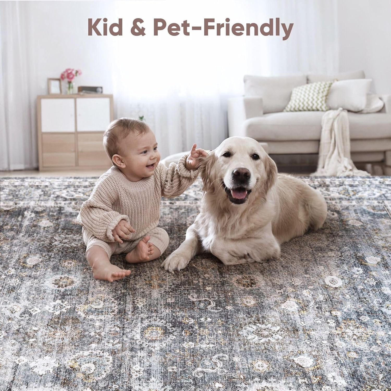 Runner Rug Hallway Runner Rug Washable Kitchen Runner Rugs with Rubber Backing 2'6''x8' 100% Polyester Vintage Rug for Entryway Indoor, Kitchen, Laundry, Bedroom (Grey and Brown)