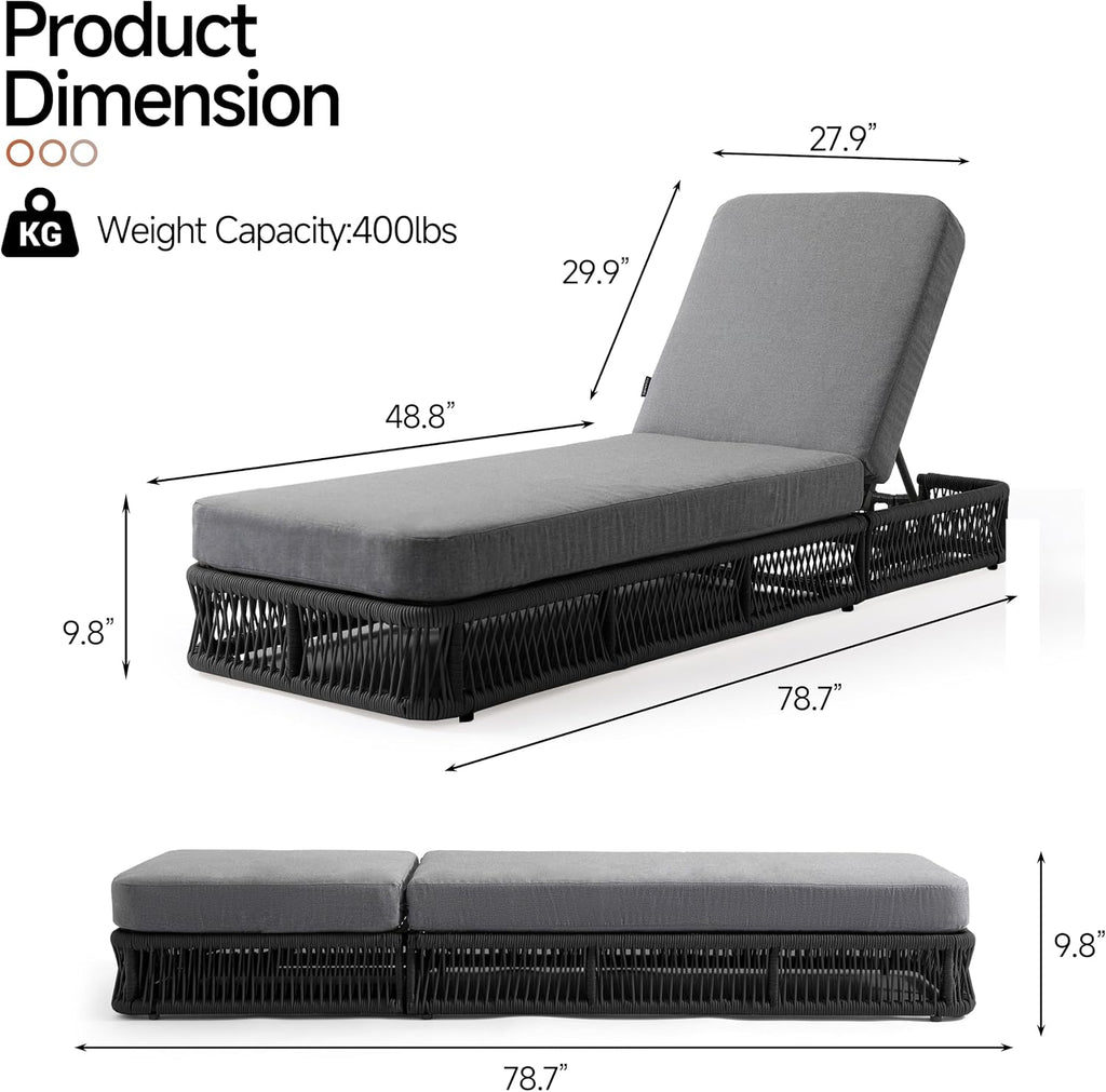 Outdoor Chaise Lounge Chair, Black Woven Rope Patio Recliner with 5-Position Adjustable Backrest, Pool Sunbathing Lounge Chair with Gray Removable Cushions for Poolside, Beach