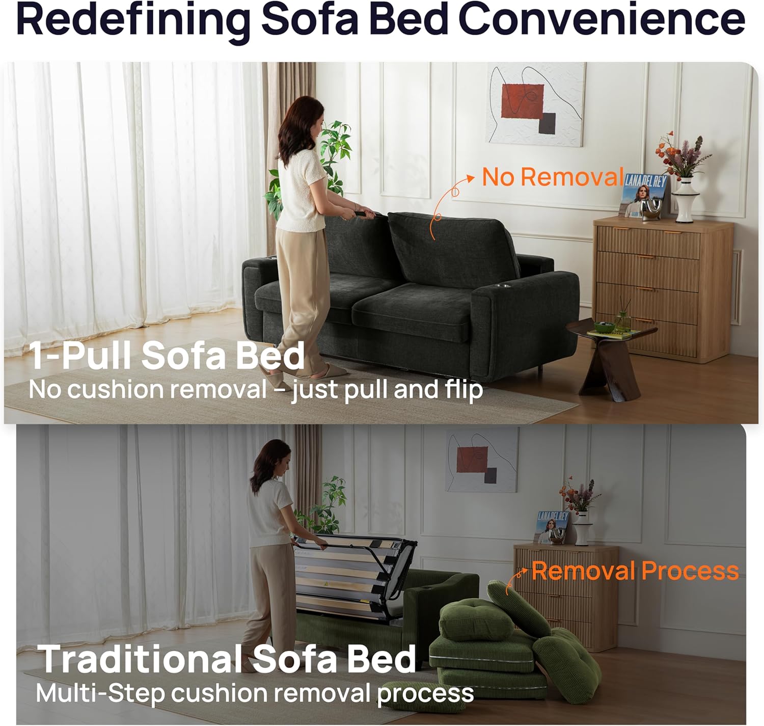 Pull Out Sofa Bed, No Cushion Removal, Queen Sleeper Sofa with USB Fast Charging, Memory Form Mattress, 2-in-1 Convertible Comfy Loveseat Couch Bed for RV, Apartment, and Small Spaces (Dark Grey)