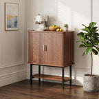 Wine Cabinet with Storage, Liquor Cabinet with Sliding Doors & Open Wine Rack, Fluted Wine Bar Cabinet with Glass Holder, Coffee bar Cabinet for Dining Room, Living Room & Entryway (Brown)