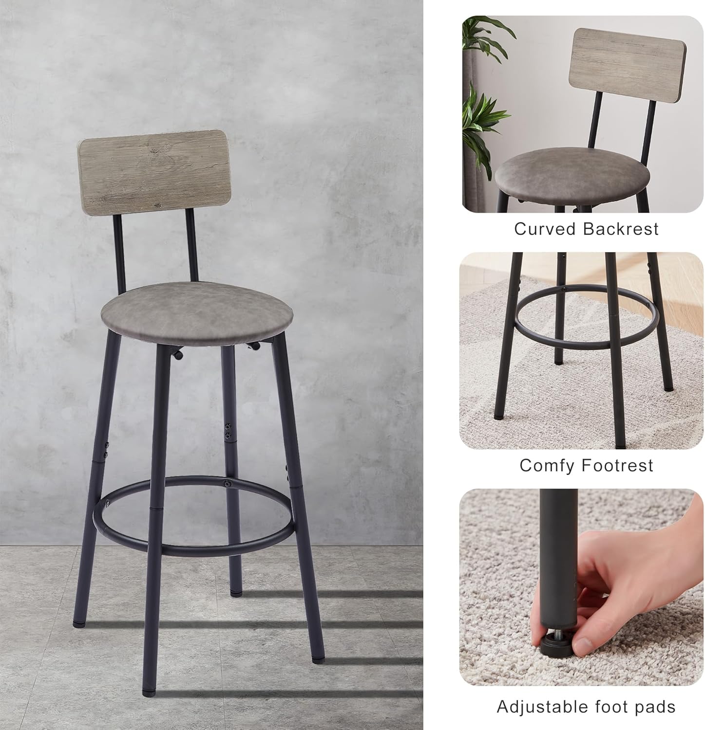 Bar Table for 2,3 Piece Industrial Bar Table and 2 Bar Stools with PU Leather Backrest,Counter Height Kitchen Dining Table with Chairs for Dining Room,Space Saving Breakfast Bar,Rustic Gray