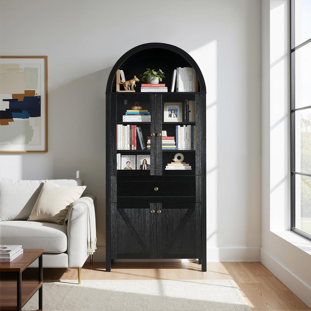 71" Tall Arched Pantry Cabinet, Kitchen Storage Pantry Cabinet, Farmhouse Wood Arched Bookshelf with Drawers and Adjustable Shelves for Living Room, Kitchen, Dining Room (Black)