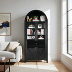 71" Tall Arched Pantry Cabinet, Kitchen Storage Pantry Cabinet, Farmhouse Wood Arched Bookshelf with Drawers and Adjustable Shelves for Living Room, Kitchen, Dining Room (Black)