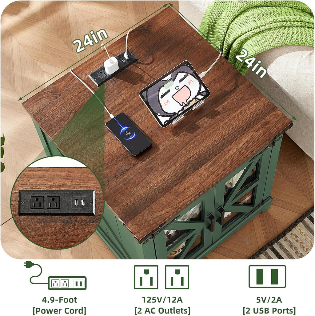 Joaxswe Farmhouse End Table with Charging Station Set 2, 24" Large Sofa Side Table with Glass Barn Door, Nightstand with Adjustable Storage Shelf, Wood Square Bedside Table for Living Room, Bedroom