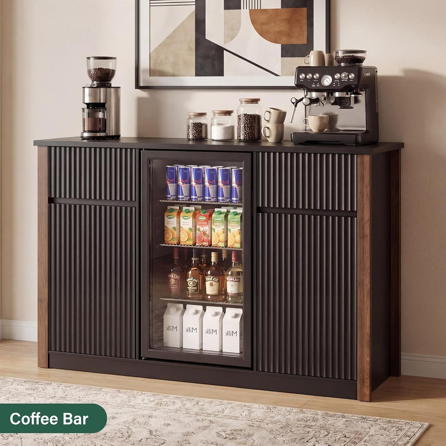 55.1" Coffee Bar Cabinet with Mini Fridge Space and Power Outlet, Modern Wine Bar Cabinet with Storage & Wine Rack, Large Buffet Sideboard Table for Kitchen, Dining Room, Living Room, Black