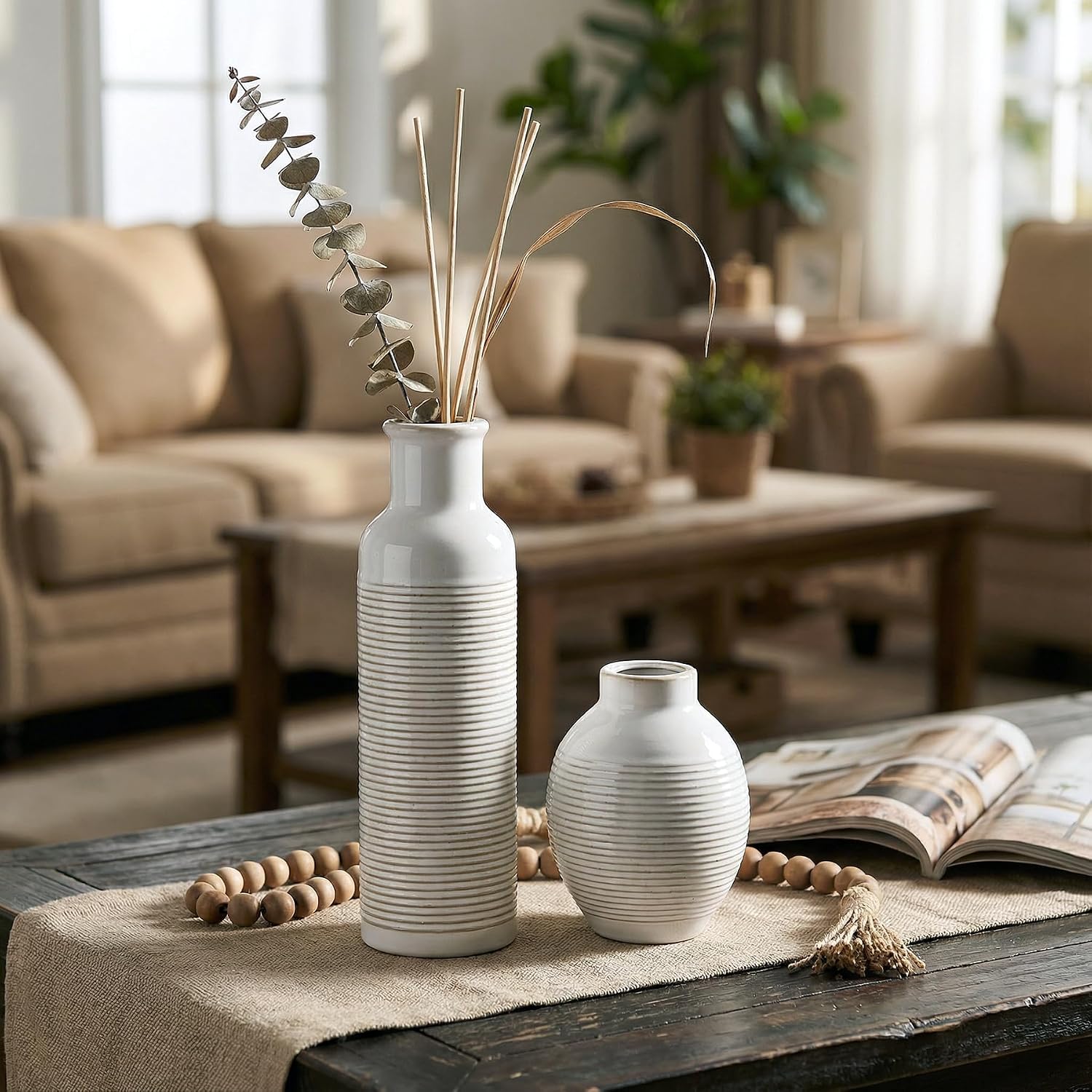 Rustic Farmhouse Vase Set of 3 - Ceramic Decorative Flowers Vases Home Decor - Pampas Grass Dried Fresh Flowers - for Centerpiece, Table, Mantel Entryway, Kitchen, Bedroom (White)
