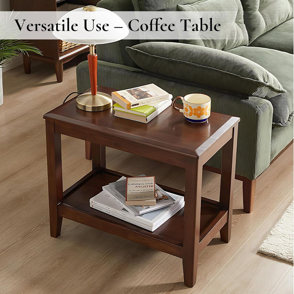 Side Table, Solid Wood Rectangular End Table with Storage Shelf, 2-Tier Coffee Table for Living Room, Rubber Wood Small Sofa Table, Nightstand 19.69 H x 13.39 W x 23.62 D Inches (Walnut)