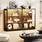 BROTTAR Display Cabinet with Glass Doors & 3 Color LED Lights | Glass Display Case with Adjustable Glass Shelves & Motion Sensor, 3-Tier Curio Cabinet for Collectibles, Living Room, Black