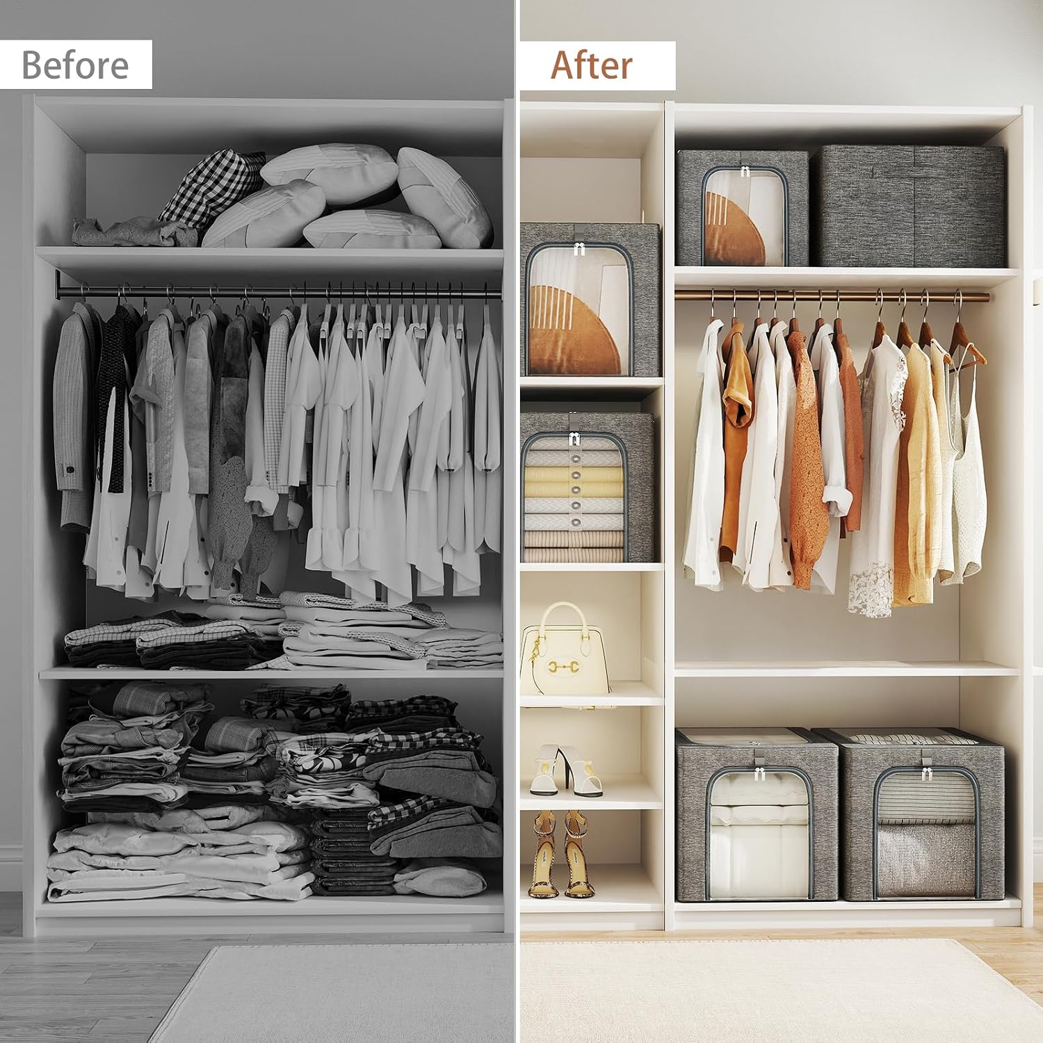 GoMaihe Clothes Storage Bin with Metal Frame: 6-Pack Stackable Closet Storage Bin with Lid & Clear Window, Sweater Boxes Storage for Closet Bedding Clothing Storage Organizer 40L