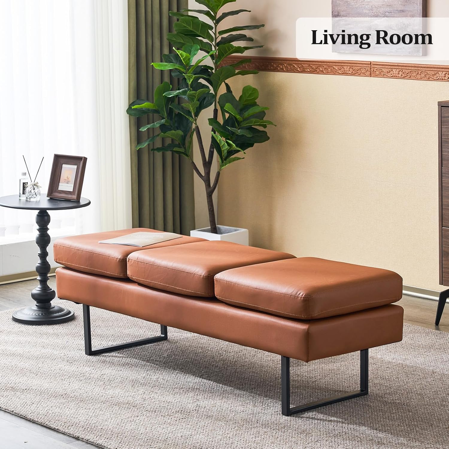 Waiting Room Bench Seating, Salon Reception Chairs 3 Seats Upholstered, 59.5''Heavy Duty Guest Lobby Chairs, Faux Leather Settee, Office Beauty Barbershop Furniture, Cognac