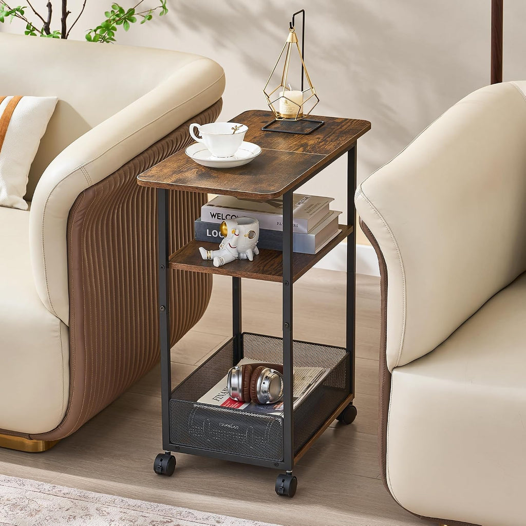 DALEMHOME Side Table with Wheels, Narrow Side Table with 3-Layer Storage Shelves, Slim Nightstand, Metal Frame, for Small Spaces, Living Room, Bedroom, 23.6" D x 11.8" W x 25.2" H, Rustic Brown