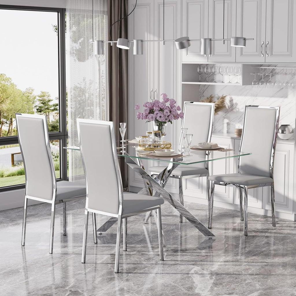 Modern Glass Dining Table Set for 4, 5-Piece Rectangular Kitchen Table Set with Silver Sturdy Metal Legs&4 Grey Faux Leather Dining Chairs for Home Dining Room Kitchen